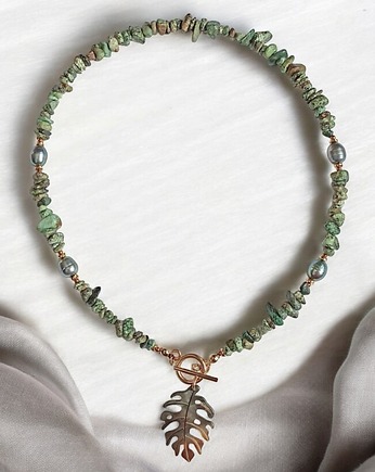 Monstera, turkus afrykański, perły : naszyjnik, kaktusia