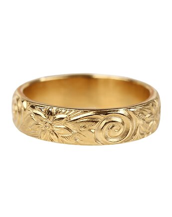 Złota obrączka z kwiatową fakturą - Zinnia, Blooming Stones