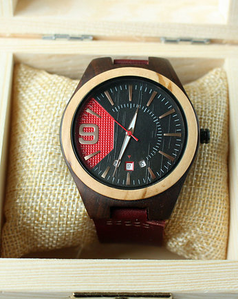 Drewniany zegarek z datownikiem BLACK RED, EkoCraft