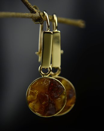 Złote wiszące kolczyki z  bursztynami pr. 585, OKAZJE - Prezent na Urodziny