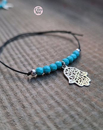 HAMSA - turkus i srebro 925, bransoletka na sznurku, COCONUT