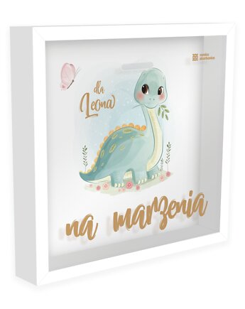 Ramka Skarbonka - Na marzenia - zielony dinozaur - z imieniem dziecka, Ramka Skarbonka