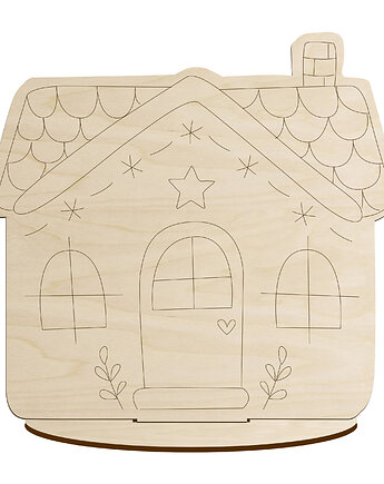 Drewniana Figurka na Podstawce ze Sklejki Domek Chatka dla Dzieci Decoupage, smxdsgn