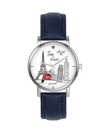 Zegarek  mały - Time to travel - skórzany, granatowy, yenoo