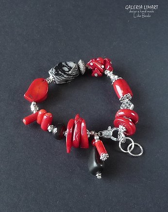 Koral, agat i onyks efektowna bransoleta handmade PREZENT z  klasą, Galeria Limart
