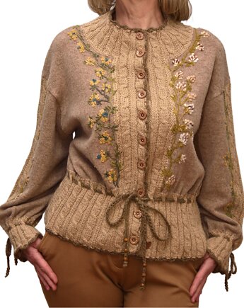 Kardigan beżowy haftowany ręcznie, rozmiar L/XL, Z drugiej nitki