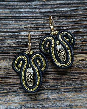 Małe , czarno-złote eleganckie kolczyki sutasz, Mró Soutache