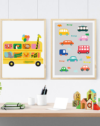 Ilustracje z autami, plakat z autami, autobus,, OSOBY - Prezent dla dwulatka
