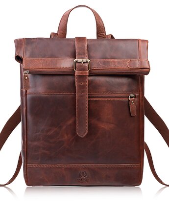 Plecak roll top skórzany vintage na laptopa miejski koniakowy unisex AY-32-CG, Paolo Peruzzi