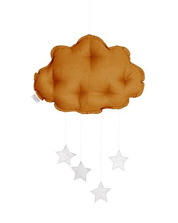 MUSZTARDOWY mobil BOHO chmurka, srebrne gwiazdki, Nukko Design