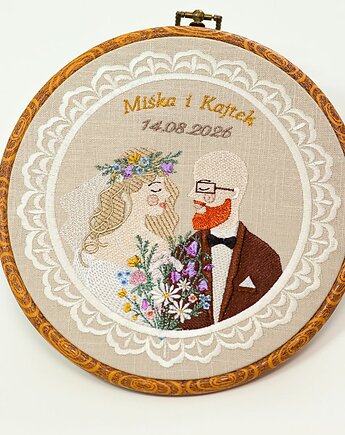 Haft ślubny w tamborku 20 cm, indywidualna pamiątka ślubna, rocznicowa 50, Plasun