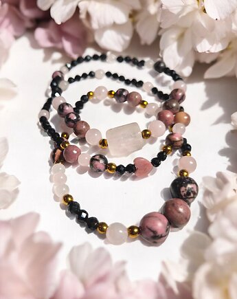 Zestaw bransoletek z kamieni naturalnych rodonit, turmalin, kwarc na Walentynki, Arto Teka