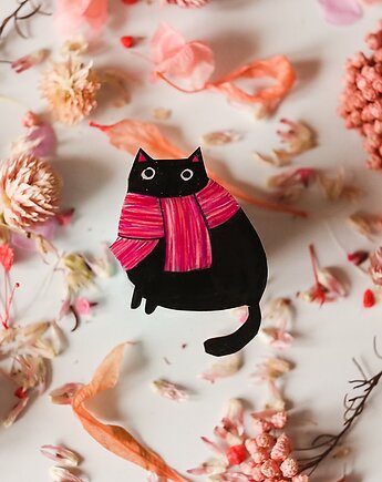 Broszka czarny kot w różowym szaliku, Pintura