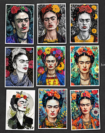 Portrety Fridy - zestaw 9 grafik w rozmiarze 13x18 cm, JBJart Justyna Jaszke