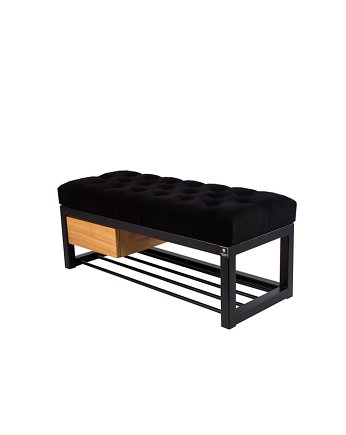 Ławka Pufa Pikowana Czarny Guzik Tapicerowany Stal LPMS-4, EMRA WOOD DESIGN