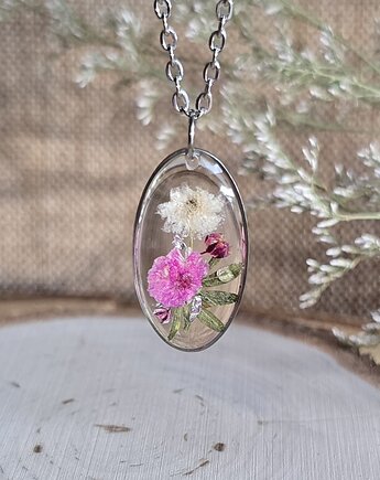 Srebrna zawieszka jajowata suszone kwiaty różowa gipsówka, zkwiatem