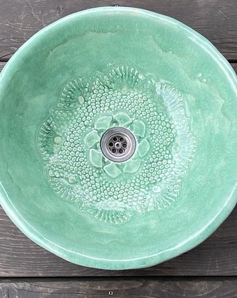 UM8 Umywalka ceramiczna, miętowa, okrągła,folkowa koronka na dnie, Dekornia