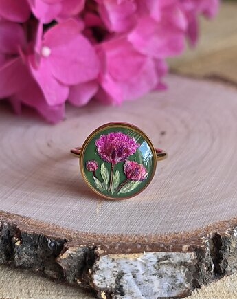 Pierścionek złoty różowy kwiat prawdziwy żywica zielony dziewczęcy, zkwiatem