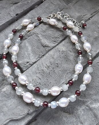 Naszyjnik srebrny z perłami, labradorytem, granatami, RayOfArt