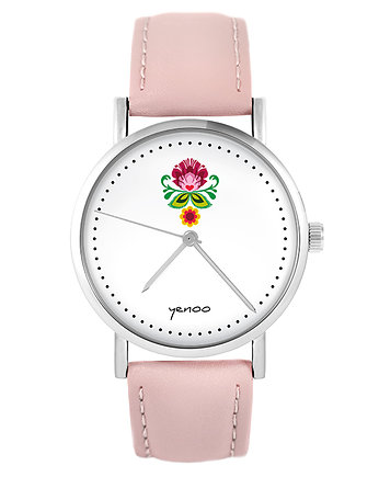 Zegarek - Folkowy kwiat - skóra, pudrowy róż, yenoo