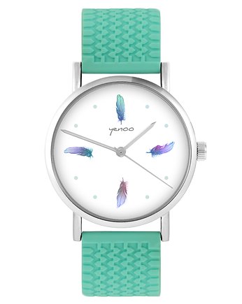 Zegarek - Turkusowe piórka - silikonowy, turkus, yenoo
