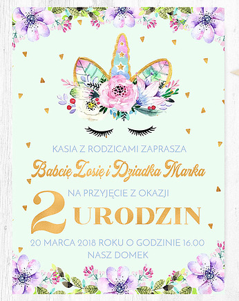 dziecko, Zaproszenie Urodziny Jednorożec w kwiatach