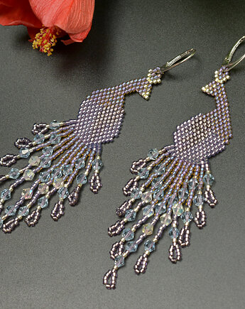 Pawie lawendowe, kolczyki z frędzlami, beading, Sol