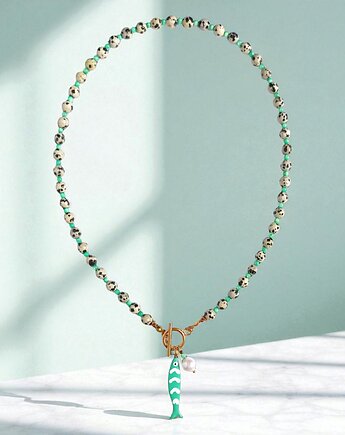 Naszyjnik z rybką : jaspis dalmatyński, masa perłowa, perła, kaktusia