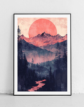 Plakat Czerwony zachód w górach, Harvest Maison