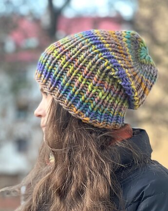 Czapka z merynosa 100% mix z niebieskim i zielonym, Made by Jaga