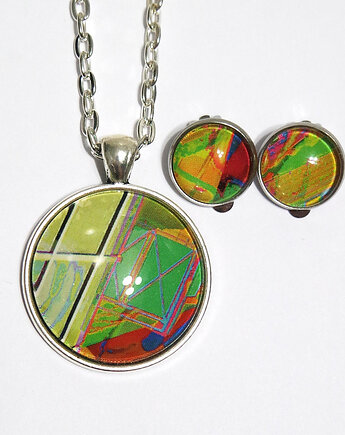 Naszyjnik i klipsy - komplet - Zielona abstrakcja, yenoo