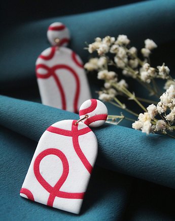 Biało-czerwone abstrakcyjne kolczyki prostokątne, Moonflower Handmade