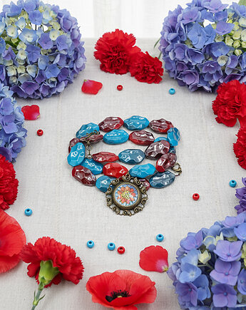 6743 duży, czerwony, niebieski naszyjnik z wisiorkiem; wisiorek kwiat, kama4you