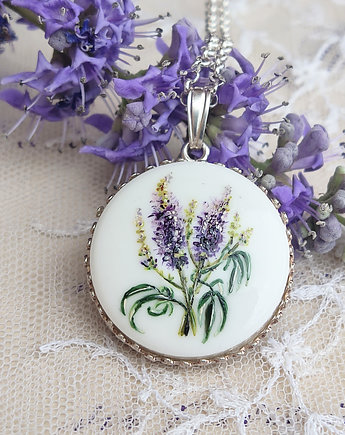 Porcelanowy naszyjnik z fioletowym kwiatem , ręcznie malowany, atelier by Olga