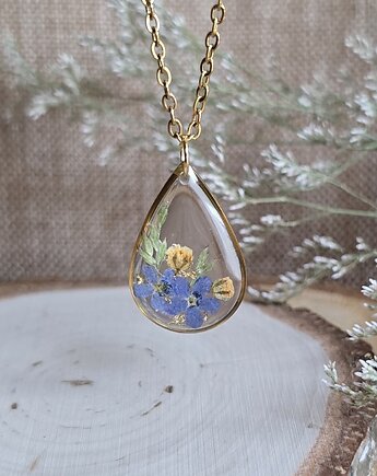 Złoty wisiorek prawdziwe kwiaty zawieszka łezka łza niezapominajki, zkwiatem
