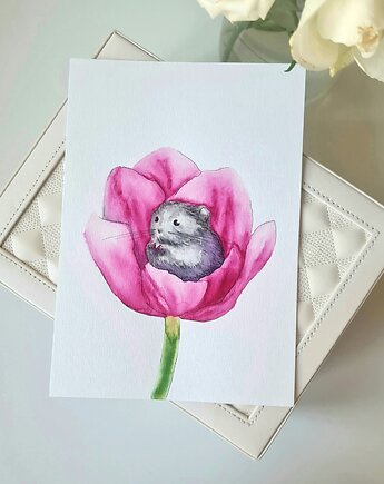 Obrazek Chomiczek w Tulipanie ręcznie malowany, Burgundowe Rysunki