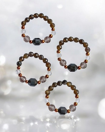 OCHRONA : pierścionek II - turmalin, obsydian, kwarc dymny, kryształ górski, kaktusia