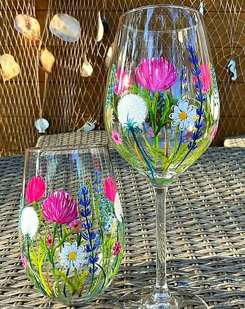 Zestaw kieliszek na wino i szklanka, ręcznie malowane Powiew lata, Edyta Tobiasz Art
