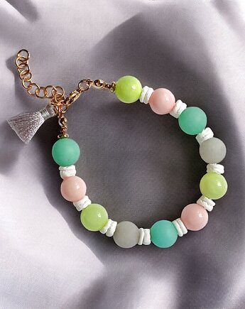 HOT TREND : bransoletka : pastelle collection : jadeit 10mm, muszla biała, kaktusia