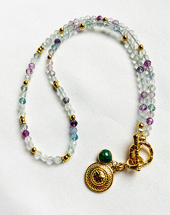 Krótki Naszyjnik/bransoletka  Fluoryt, miętowy naszyjnik fiolet złoto, Anemon Atelier