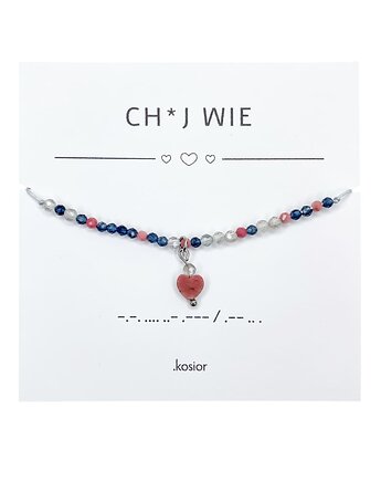 Bransoletka z alfabetem Morse Jadeit indygo, Rodonit, Labradoryt, Rodochrozyt, karolina kosior