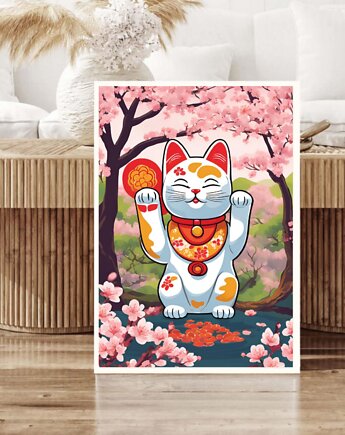 PLAKAT z kotem na szczęście , maneki neko grafika, japońska ilustracja, black dot studio