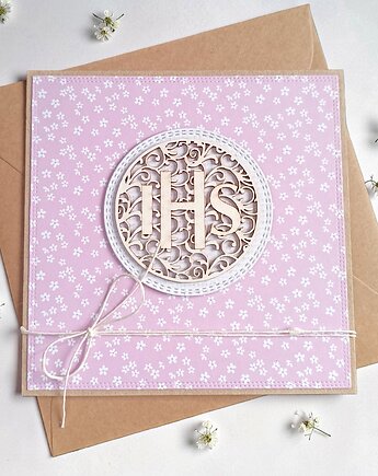 Kartka komunijna dla dziewczynki 2026 : różowa w kwiatki, kaktusia