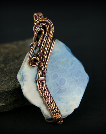 Koral fossil wisiorek wire wrapping, Blue Pearl Art