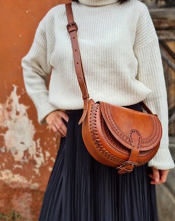 Skórzana torebka góralska ręcznie robiona Nicte wzory zakopane, SempreArte