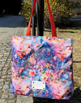 Torebka tote Koliber Bloom kolorowy motyw kolibrów i kwiatów, modeMania