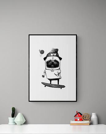 Duża grafika z Mopsem na longboardzie 50x70 cm, Friedman Jewelry
