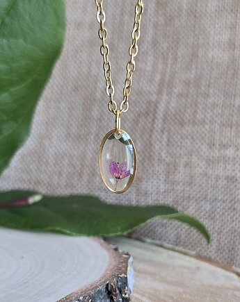 Złoty wisiorek prawdziwe kwiaty zawieszka różowa rośliny, zkwiatem