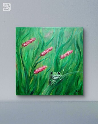 "Kwietna łąka" - Obraz olejny na płótnie, 40x40 cm, łąka żaba, kkjustpaint Karolina Kamińska