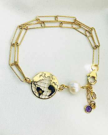 Bransoletka  amulet podróżny, globus, szeroki łańcuszek, Anemon Atelier